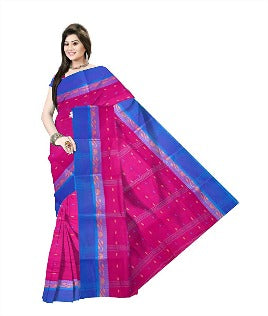Pradip Fabrics Ethnic Women's Cotton Tant Dark Pink Body And Blue Border Saree