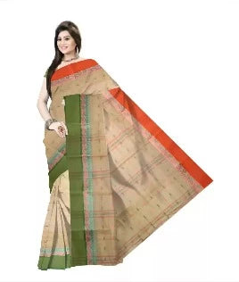 Pradip Fabrics Ethnic Women's Tant Cotton Cream Color Saree