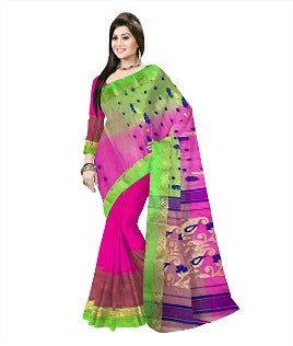 Pradip Fabrics Ethnic Women's Tant Silk Sea Green and Pink color Saree