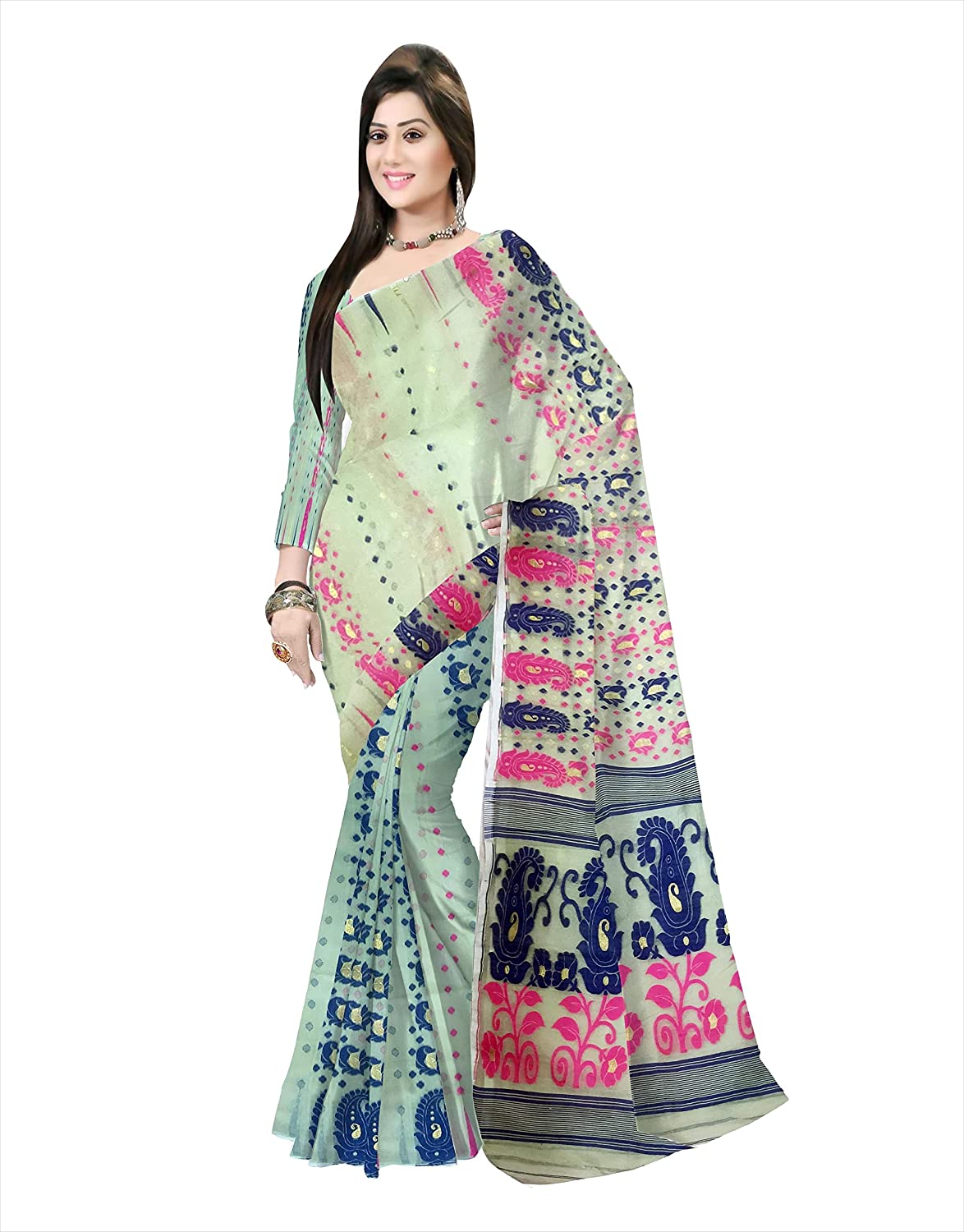 Pradip Fabrics Ethnic Women's Tant All Over Aqua Soft Dhakai Jamdani Saree