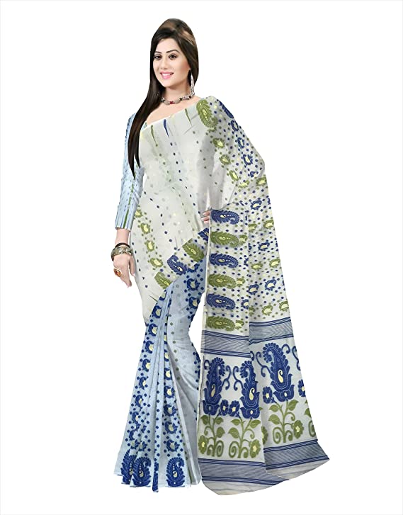 Pradip Fabrics Ethnic Women's Tant All Over Aqua Soft Dhakai Jamdani Saree