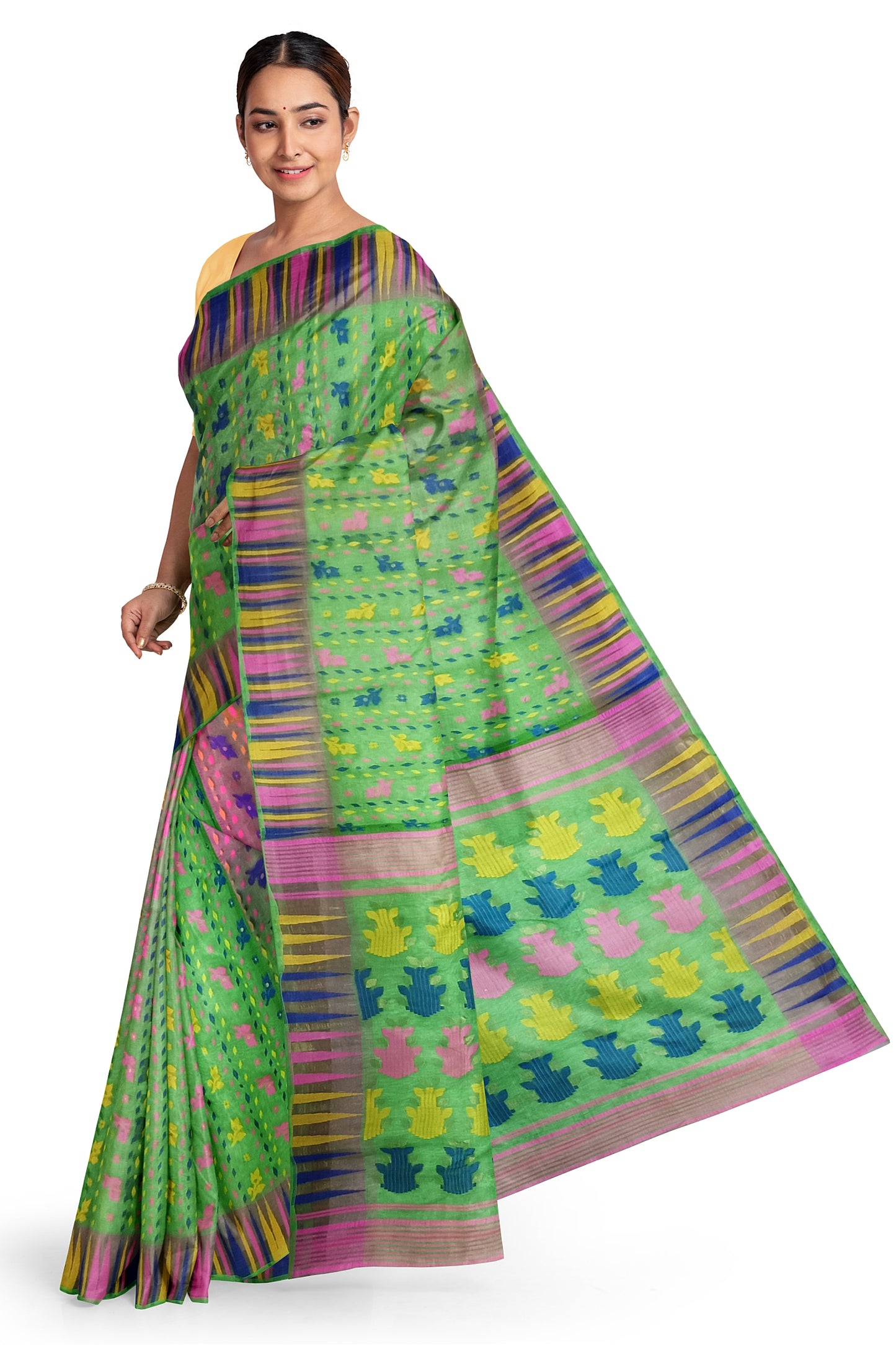 Pradip Fabrics Ethnic Woman's Tant All Over Jamdani Green Color Saree