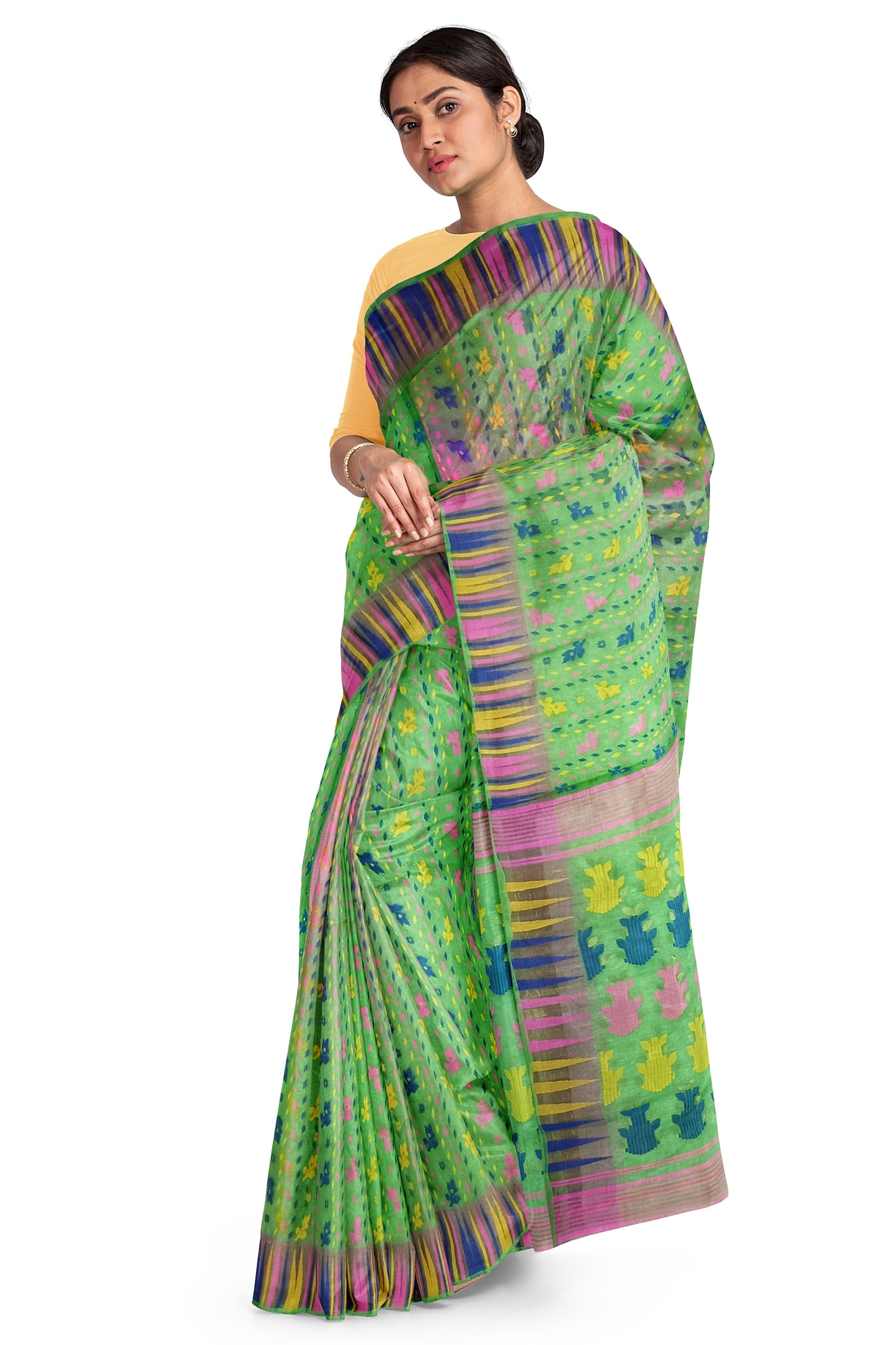 Pradip Fabrics Ethnic Woman's Tant All Over Jamdani Green Color Saree