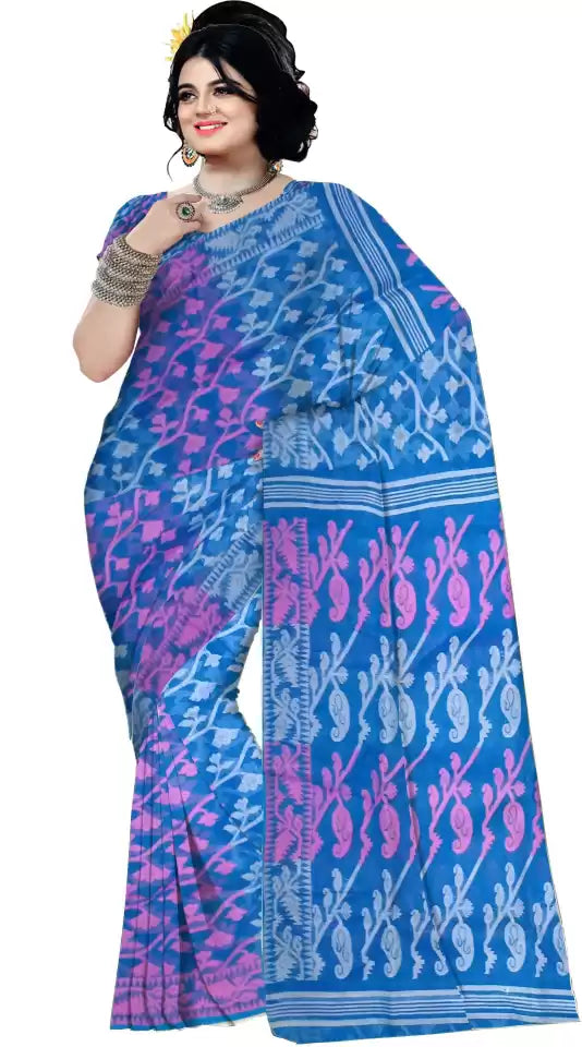 Pradip Fabrics Ethnic Women's Tant Gap Dhakai Jamdani Blue Color Saree
